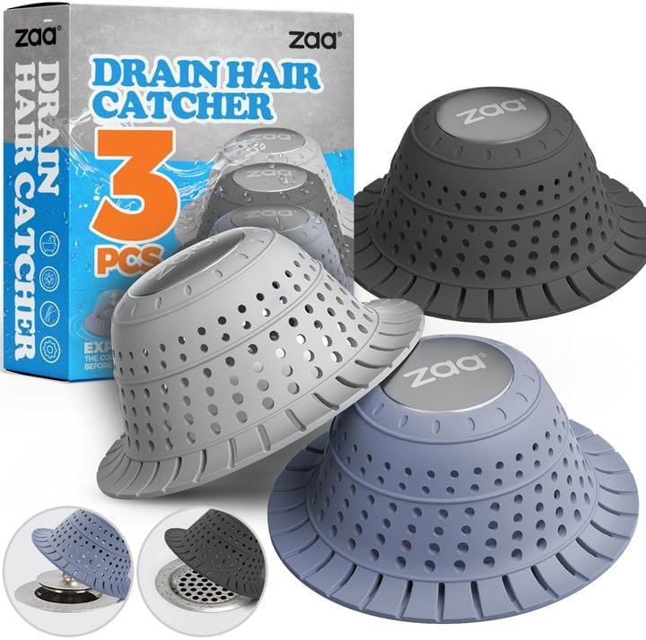 zaa Bathtub Drain Hair Catcher, Silicone Collapsible 3 Pack Drain Protector for Pop-Up and Regular Drains of Shower, Bathtub, Tub, Bathroom, Sink, Black Grey Blue - Image 1